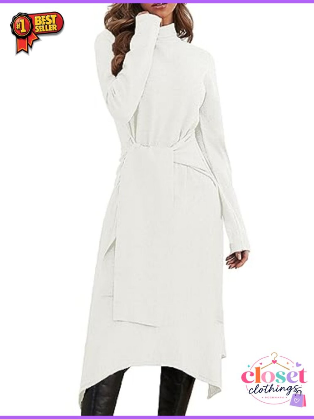 Turtleneck A-Line Midi Sweater Dress with Tie Waist